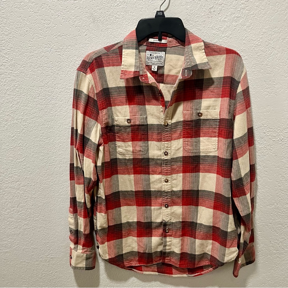 Lucky Brand Saturday Stretch Classic Fit Red and Cream Plaid Button Up Shirt